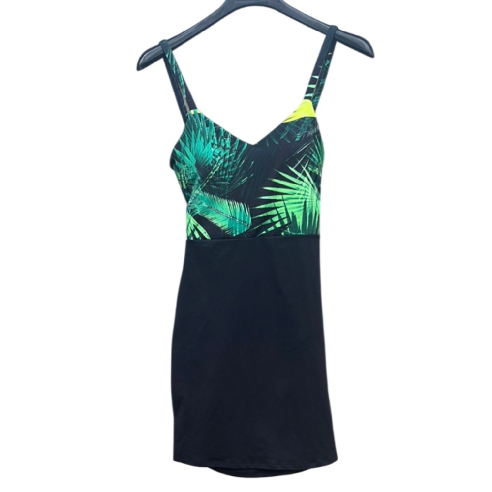 Fabletics Malindi Tropical Green/Black Dress Sporty, Fitted, Cut Out Crisscross